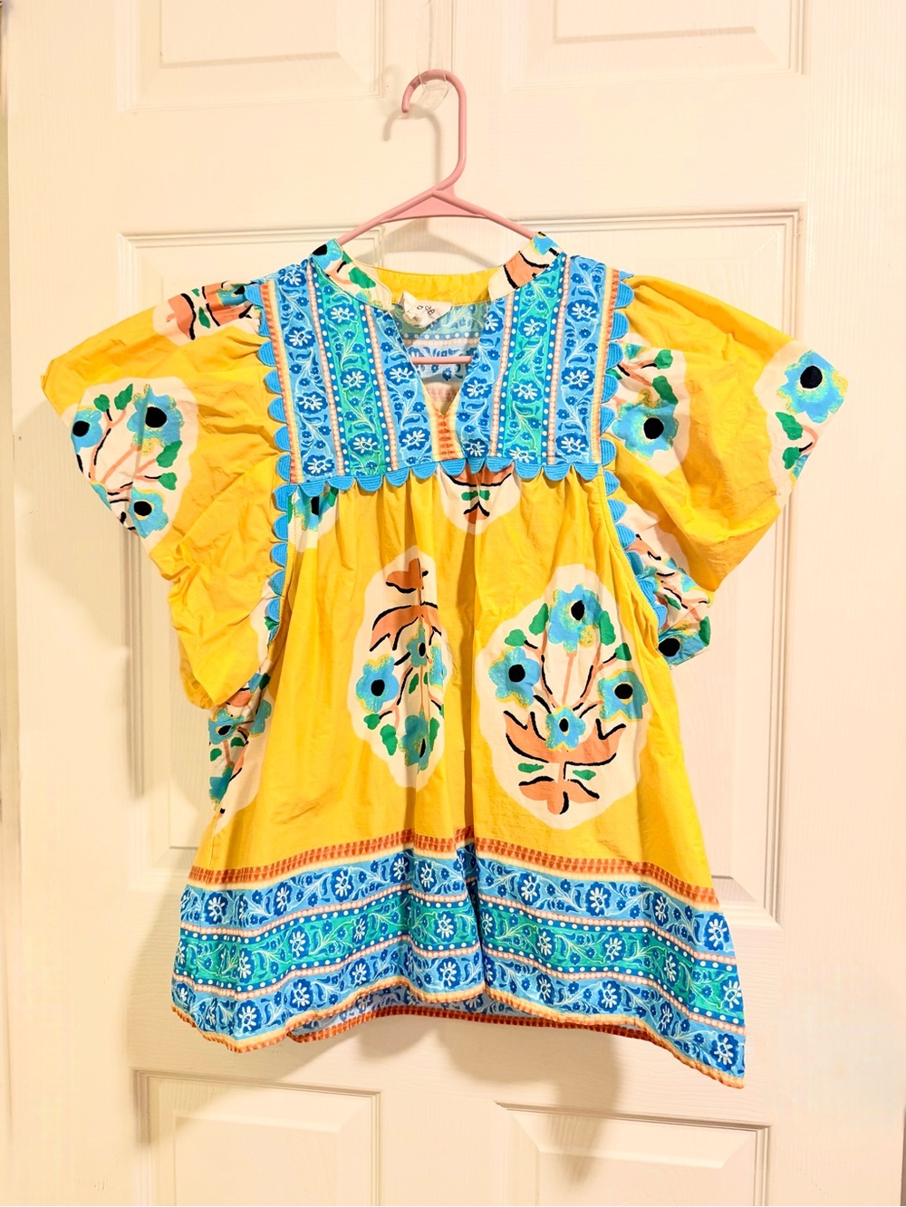 Umgee Small Yellow Boho Floral Ric Rac Flutter Sleeve Blouse